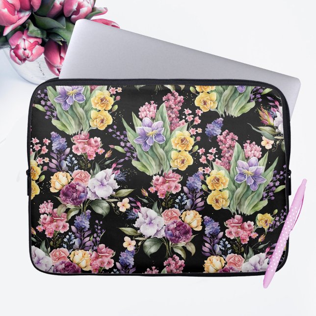 Colourful Pretty Garden Flowers on Black Backgroun Laptop Sleeve (Creator Uploaded)