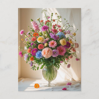 Colourful Pretty Mixed Flower Bouquet Clear Vase   Holiday Postcard