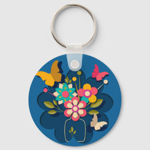 Colourful Pretty Modern Flowers Bouquet on Blue Key Ring