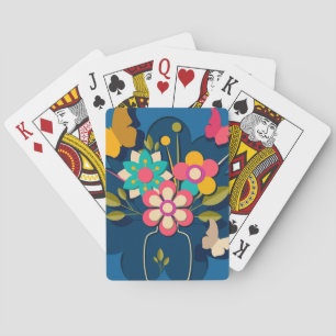 Colourful Pretty Modern Flowers Bouquet on Blue Playing Cards