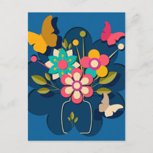 Colourful Pretty Modern Flowers Bouquet on Blue Postcard