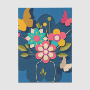 Colourful Pretty Modern Flowers Bouquet on Blue Tissue Paper