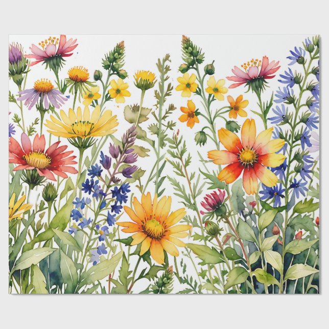 Colourful pretty wildflowers watercolor painting wrapping paper (Flat)