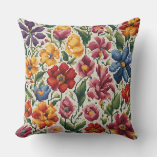 Colourful Primary Cross Stitch Vintage Floral Cushion