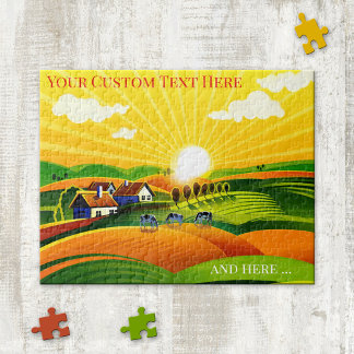Colourful Primitive Art Farm Land Sunrise Puzzle