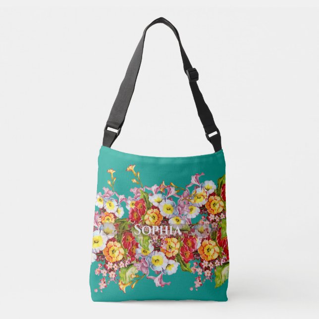 Colourful Primroses Cute Floral Spring Personalise Crossbody Bag (Front)