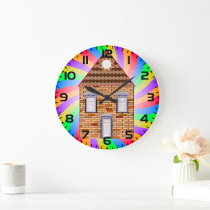 Colourful Psychedelic Brick House Rainbow Design Large Clock