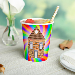Colourful Psychedelic Brick House Rainbow Design Paper Cups