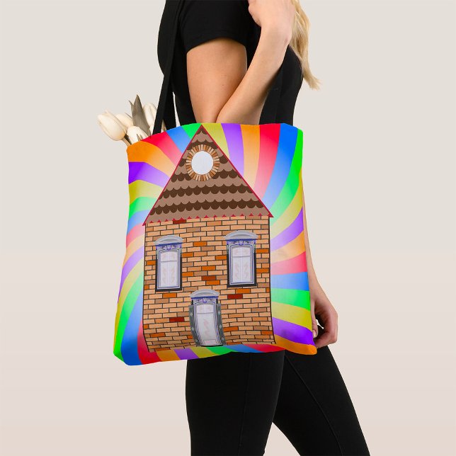 Colourful Psychedelic Brick House Rainbow Design Tote Bag (Creator Uploaded)