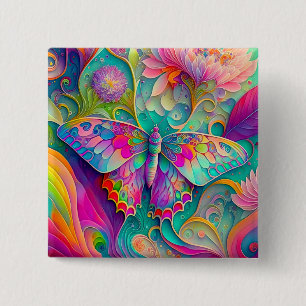 Colourful Psychedelic Butterfly and Flowers  15 Cm Square Badge
