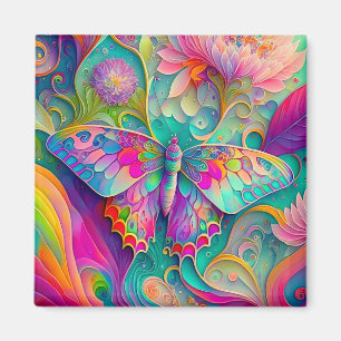 Colourful Psychedelic Butterfly and Flowers Magnet