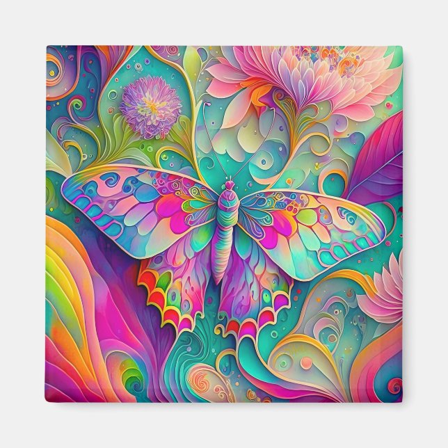 Colourful Psychedelic Butterfly and Flowers  Magnet (Front)