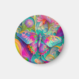 Colourful Psychedelic Butterfly and Flowers  Magnet