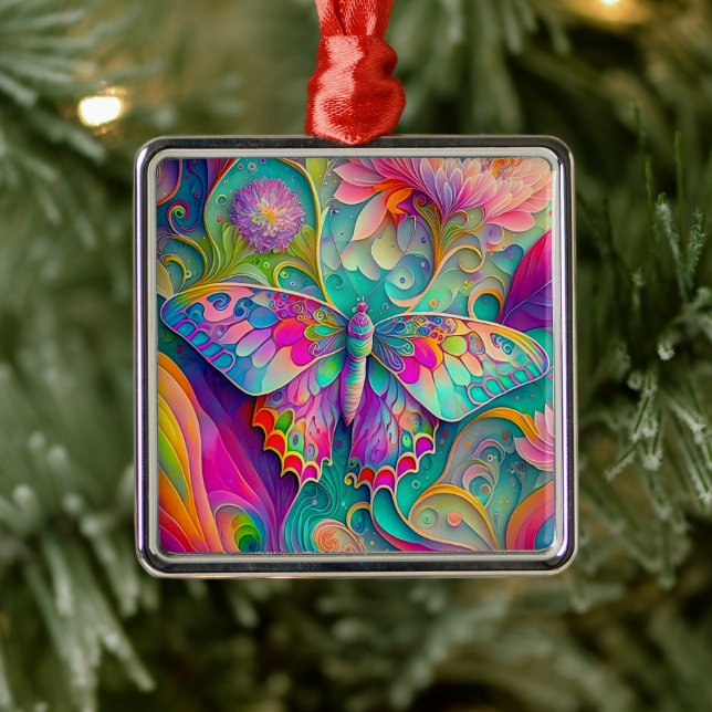 Colourful Psychedelic Butterfly and Flowers  Metal Tree Decoration (Tree)