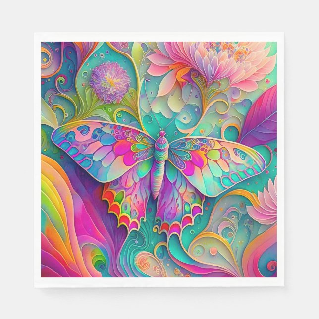 Colourful Psychedelic Butterfly and Flowers  Napkin (Front)