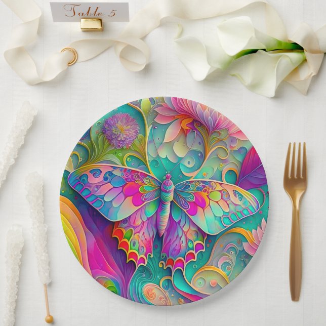 Colourful Psychedelic Butterfly and Flowers  Paper Plate (Wedding)