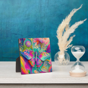Colourful Psychedelic Butterfly and Flowers  Plaque