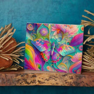 Colourful Psychedelic Butterfly and Flowers Plaque