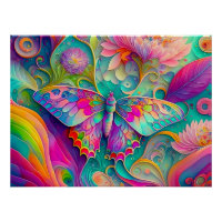 Colourful Psychedelic Butterfly and Flowers