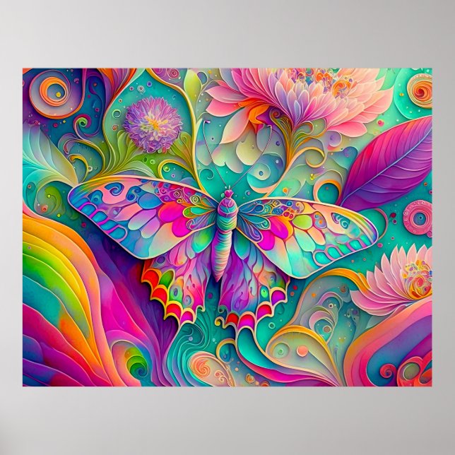 Colourful Psychedelic Butterfly and Flowers  Poster (Front)