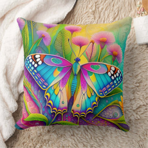 Colourful Psychedelic Butterfly and Wildflowers  Cushion