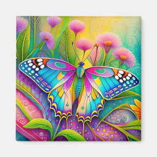 Colourful Psychedelic Butterfly and Wildflowers Magnet