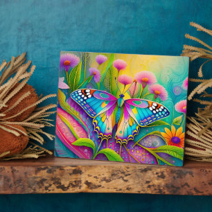 Colourful Psychedelic Butterfly and Wildflowers Plaque