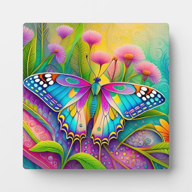 Colourful Psychedelic Butterfly and Wildflowers  Plaque (Front)