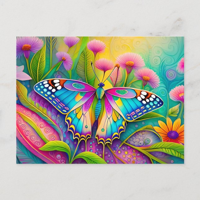 Colourful Psychedelic Butterfly and Wildflowers  Postcard (Front)
