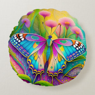 Colourful Psychedelic Butterfly and Wildflowers  Round Cushion