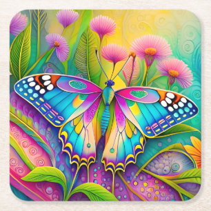 Colourful Psychedelic Butterfly and Wildflowers  Square Paper Coaster