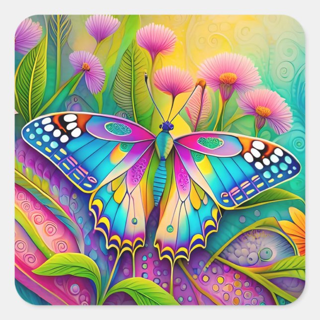 Colourful Psychedelic Butterfly and Wildflowers  Square Sticker (Front)