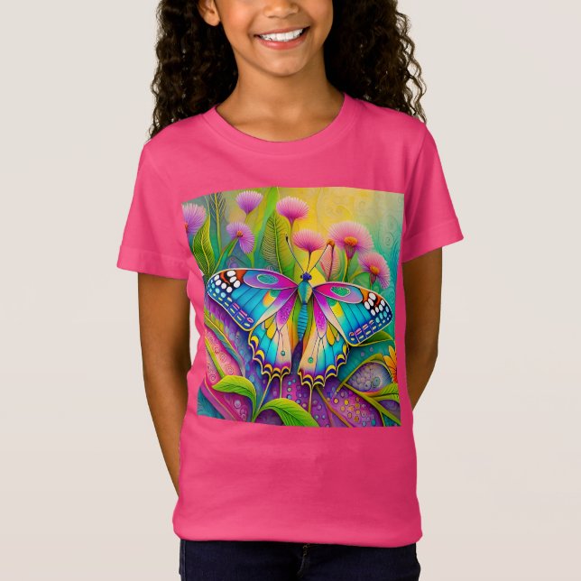 Colourful Psychedelic Butterfly and Wildflowers  T-Shirt (Front)