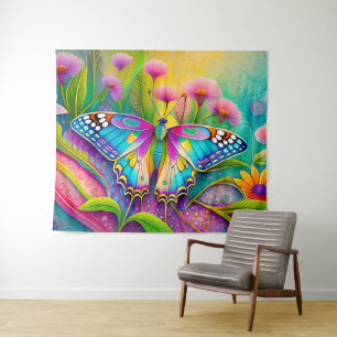 Colourful Psychedelic Butterfly and Wildflowers  Tapestry