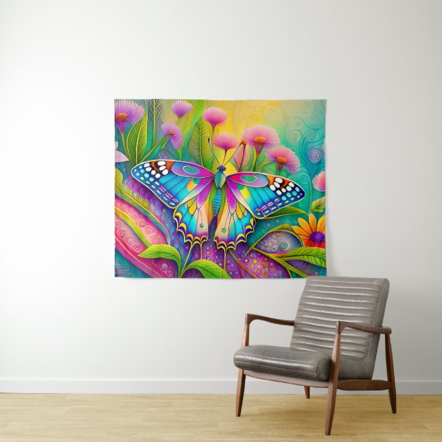Colourful Psychedelic Butterfly and Wildflowers  Tapestry (In Situ (Horizontal))