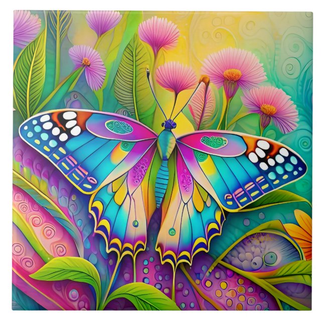 Colourful Psychedelic Butterfly and Wildflowers  Tile (Front)