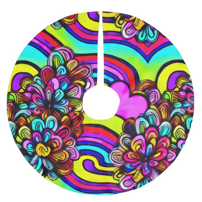 Colourful Psychedelic Cartoon Flowers Christmas Brushed Polyester Tree Skirt (Front)