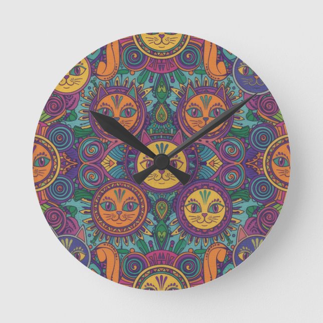 Colourful Psychedelic Cat Wall Clock (Front)