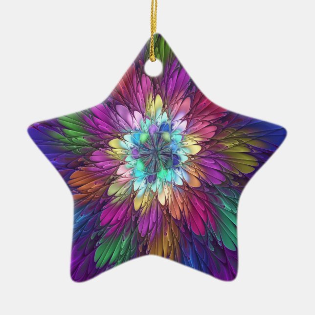 Colourful Psychedelic Flower Abstract Fractal Art Ceramic Tree Decoration (Front)