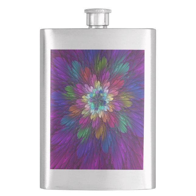 Colourful Psychedelic Flower Abstract Fractal Art Hip Flask (Front)