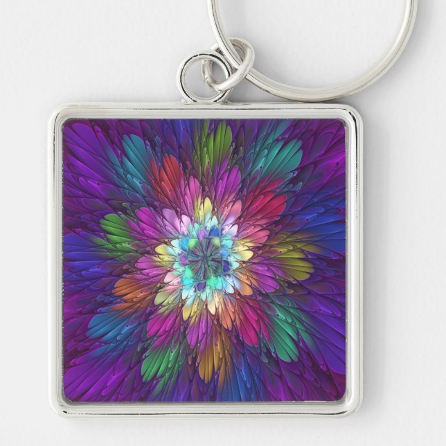 Colourful Psychedelic Flower Abstract Fractal Art Key Ring (Front)