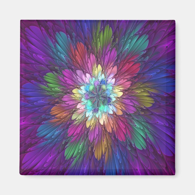 Colourful Psychedelic Flower Abstract Fractal Art Magnet (Front)