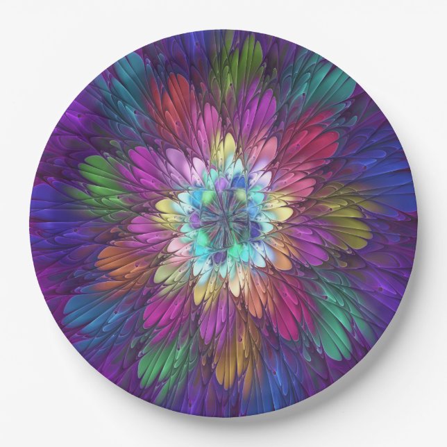Colourful Psychedelic Flower Abstract Fractal Art Paper Plate (Front)