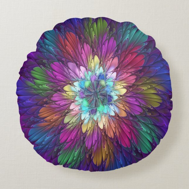 Colourful Psychedelic Flower Abstract Fractal Art Round Cushion (Front)