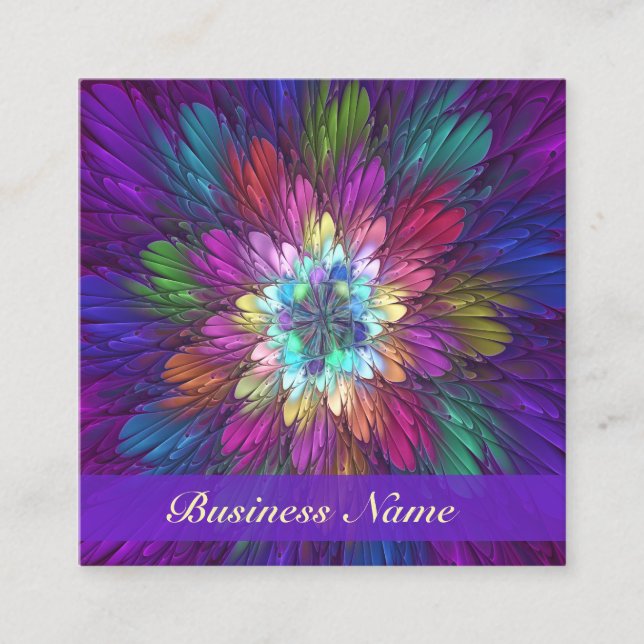 Colourful Psychedelic Flower Abstract Fractal Art Square Business Card (Front)