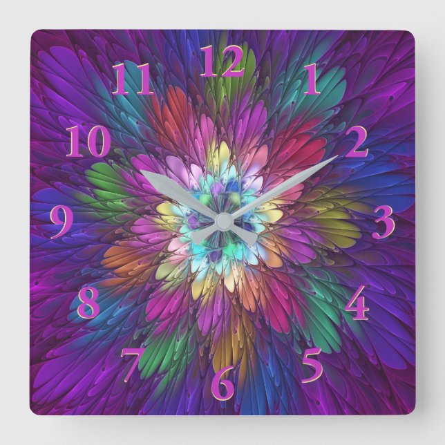 Colourful Psychedelic Flower Abstract Fractal Art Square Wall Clock (Front)