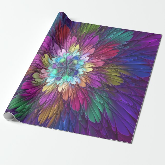 Colourful Psychedelic Flower Abstract Fractal Art Wrapping Paper (Unrolled)