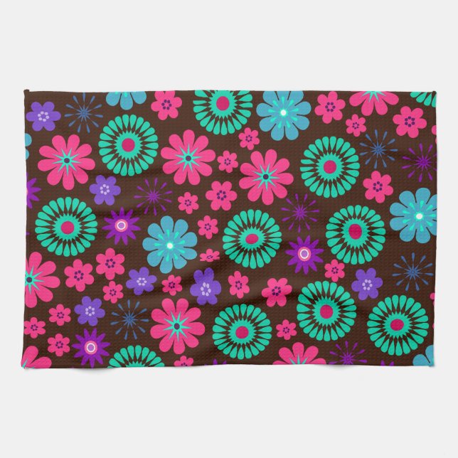 Colourful Psychedelic Funky Flower Pattern Tea Towel (Horizontal)