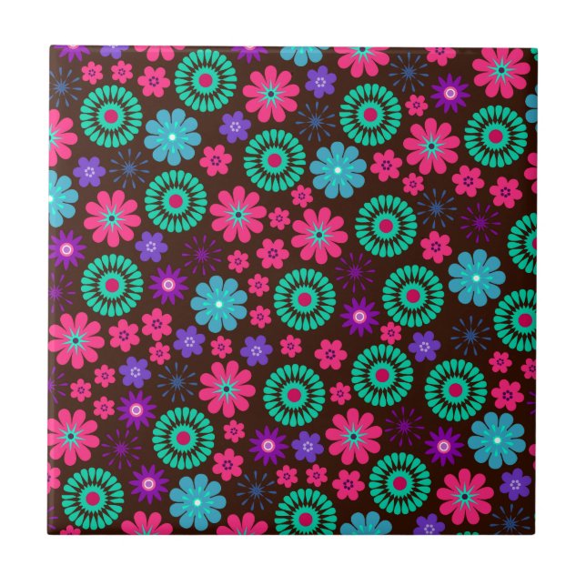 Colourful Psychedelic Funky Flower Pattern Tile (Front)