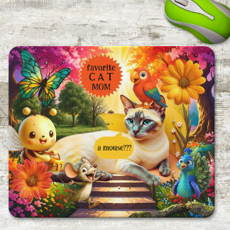 Colourful Psychedelic Funny Cat and Mouse Pad